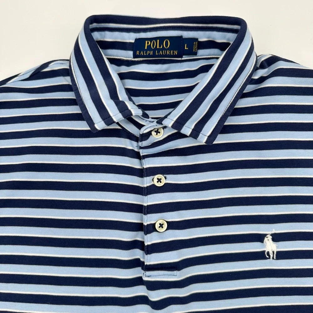Polo Ralph Lauren Navy Blue Light Blue Striped Polo Shirt Preppy‎ Size Large